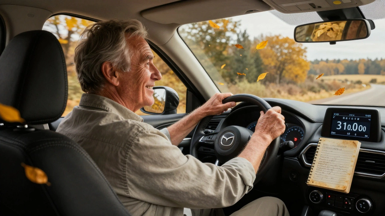 Muž řídí starší Mazda CX-5 přes podzimní krajINU s tachometrem ukazujícím 310 000 km.