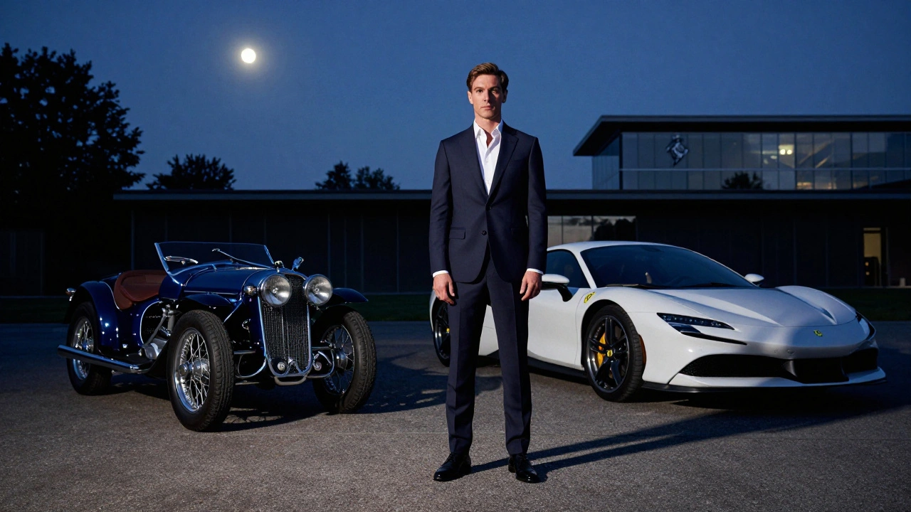 Piero Ferrari stojí vedle klasického a moderního Ferrari v Maranello.