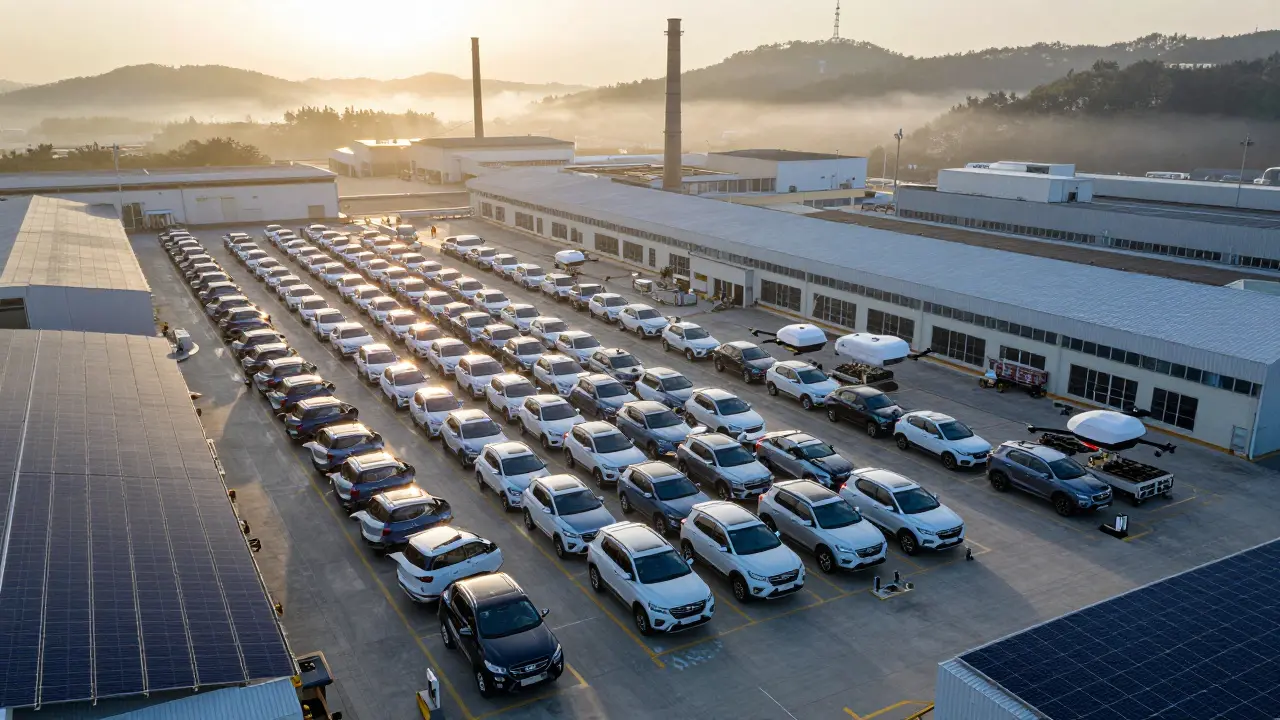 Pohled z výšky na největší výrobní závod Hyundai v Jižní Koreji s řadami vozidel.