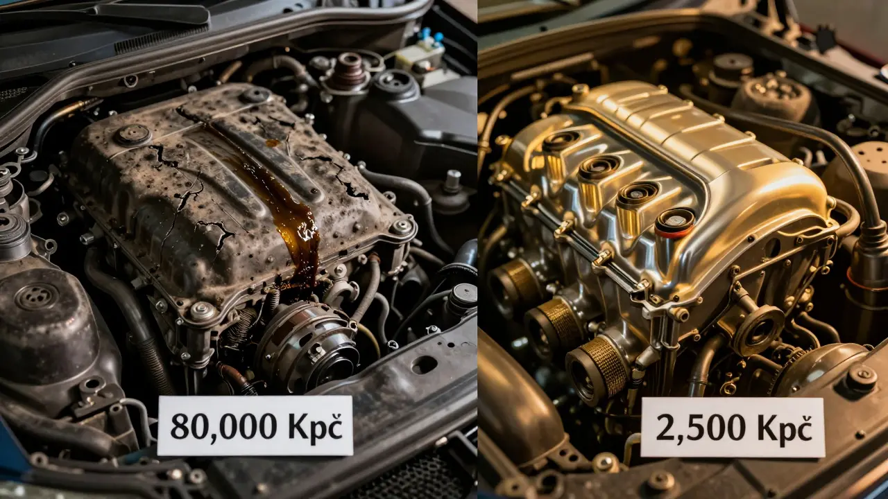 Porovnání nákladů: levá strana poškozený motor, pravá strana čistý motor.