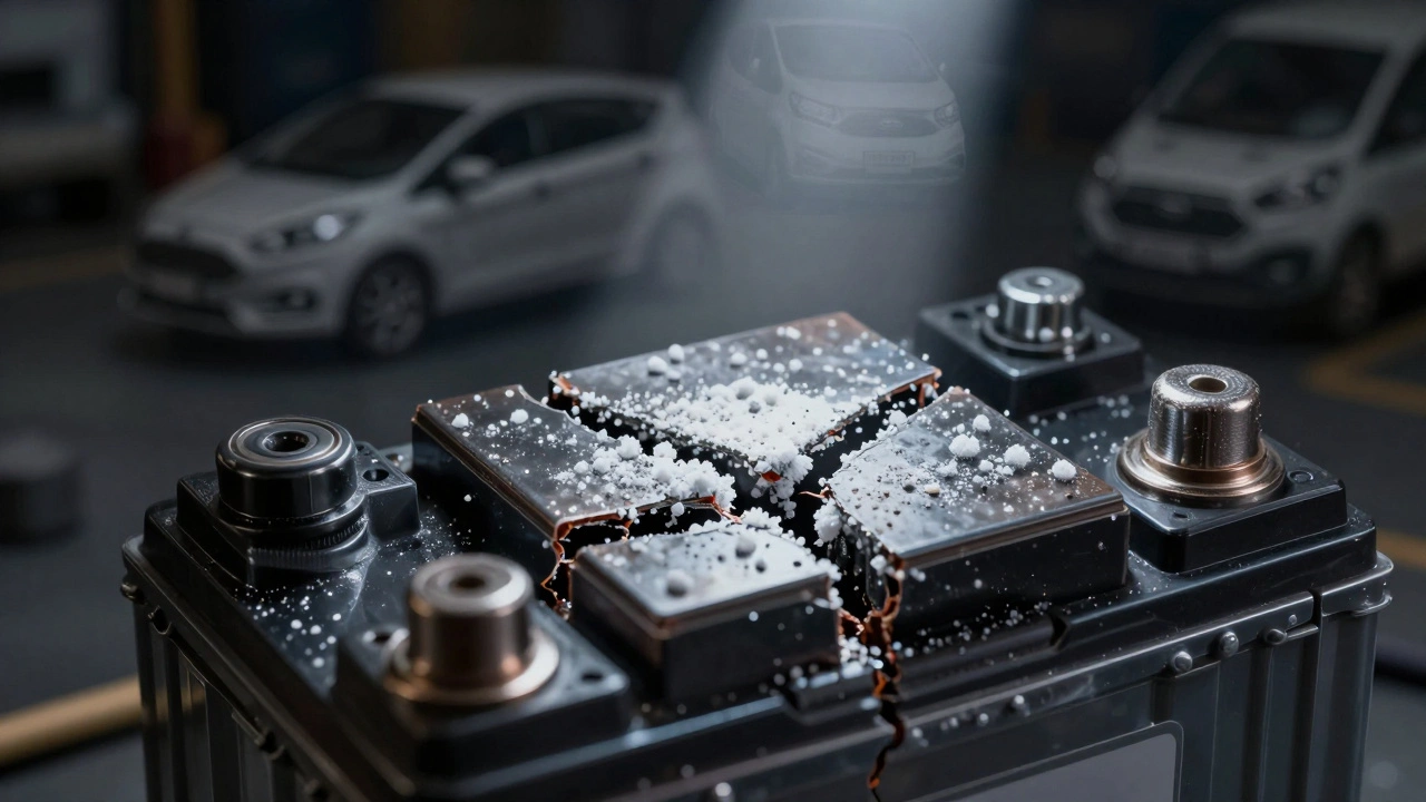 Poškozená baterie s krystaly síranu olova a siluetami modelů Fordu.