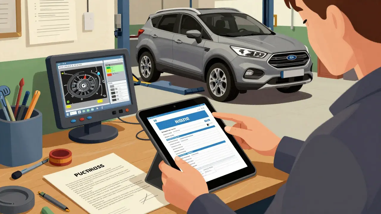 Přehled historie vozidla na tabletu v autodiagnostickém servisu s Ford Kuga na zvedáku.