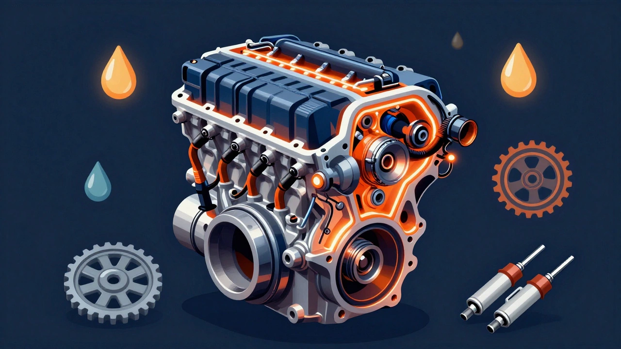 Přehled motoru Skyactiv-G s vyznačenými komponenty jako vstřikovače a řemen ventilů.