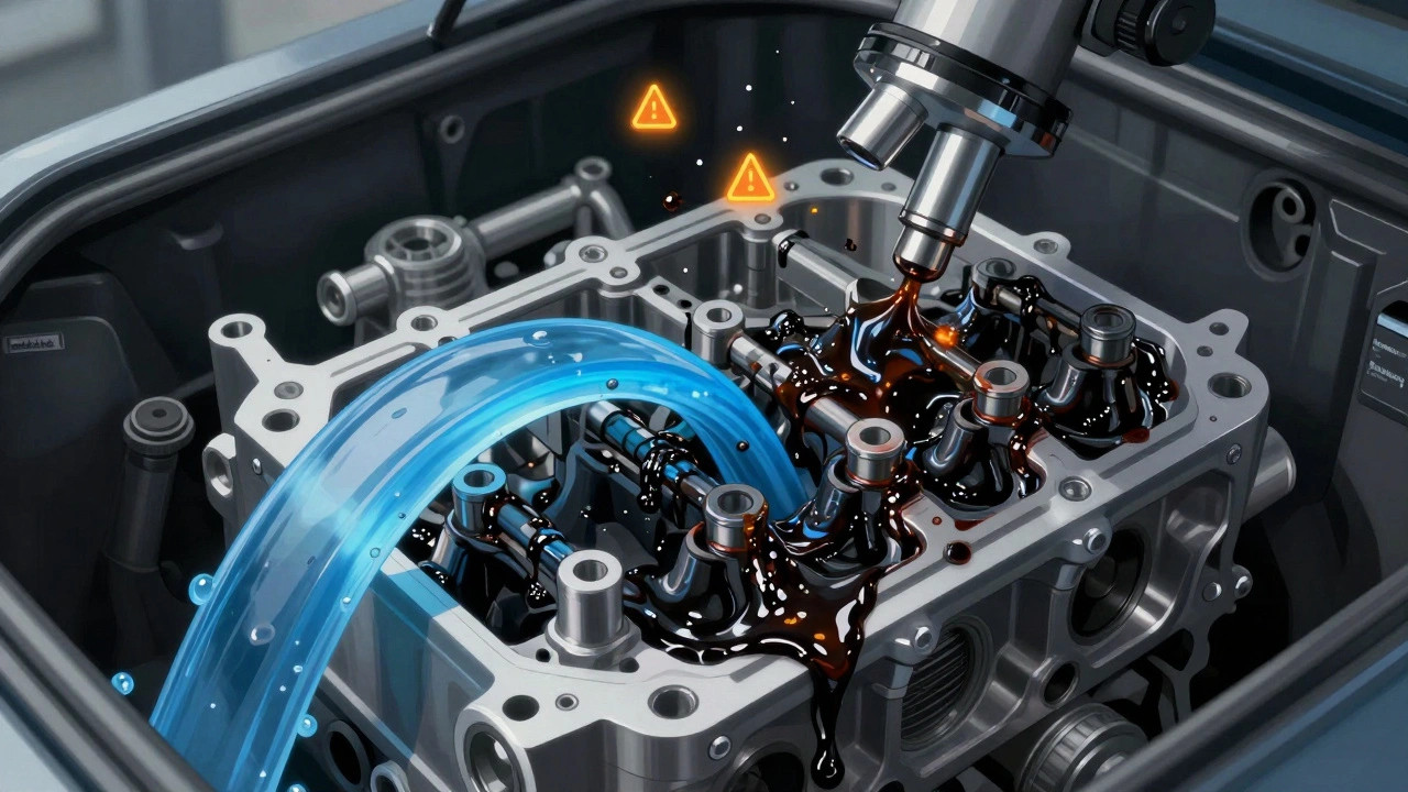 Přehled vnitřního stavu motoru Opel: čistý olej proti špíně a nánosům.