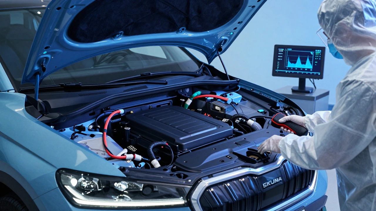 Profesionální kontrola vysokonapěťových kabelů u elektromobilu Škoda Enyaq iV.