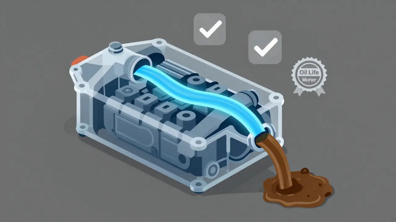 Průhledný motor s čistým syntetickým olejem, který chrání vnitřní části.