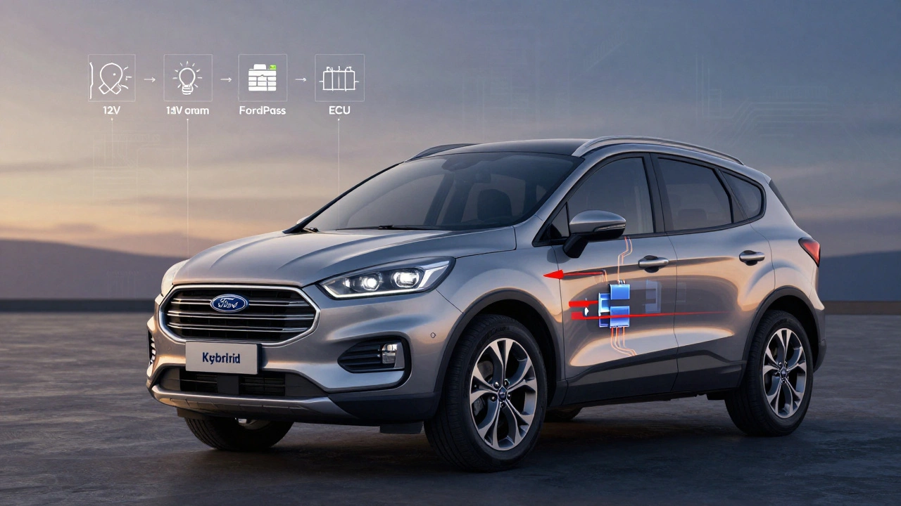 Průhledný náčrt Ford Kuga s ukázkou spotřeby elektroniky při stání.