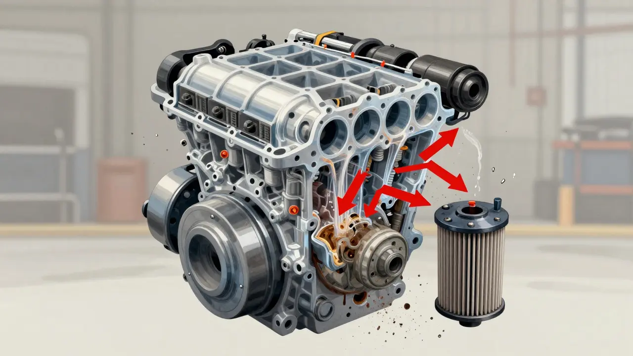 Průhledný nákres motoru Skyactiv s prouděním čistého oleje skrz filtry.