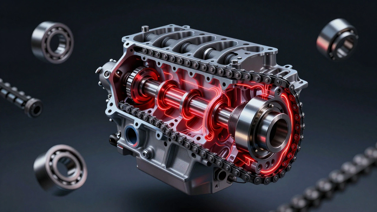 Průřez motoru BMW N55 s viditelným poškozením klikového hřídele a řetězu rozvodu.