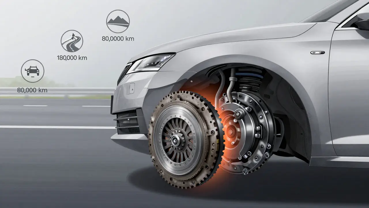 Průřez spojky Škoda Octavia ukazující opotřebení třecího materiálu.