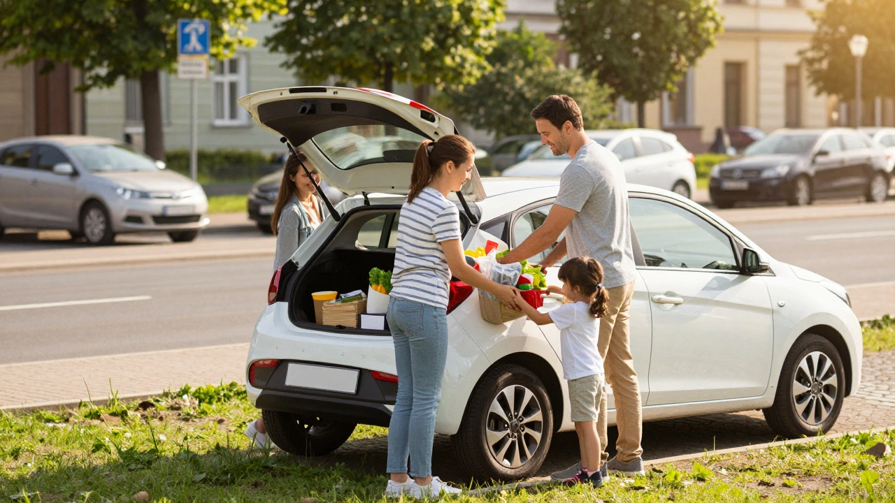 Rodina nakládá nákup do malého kufříku Hyundai i10 v parku.