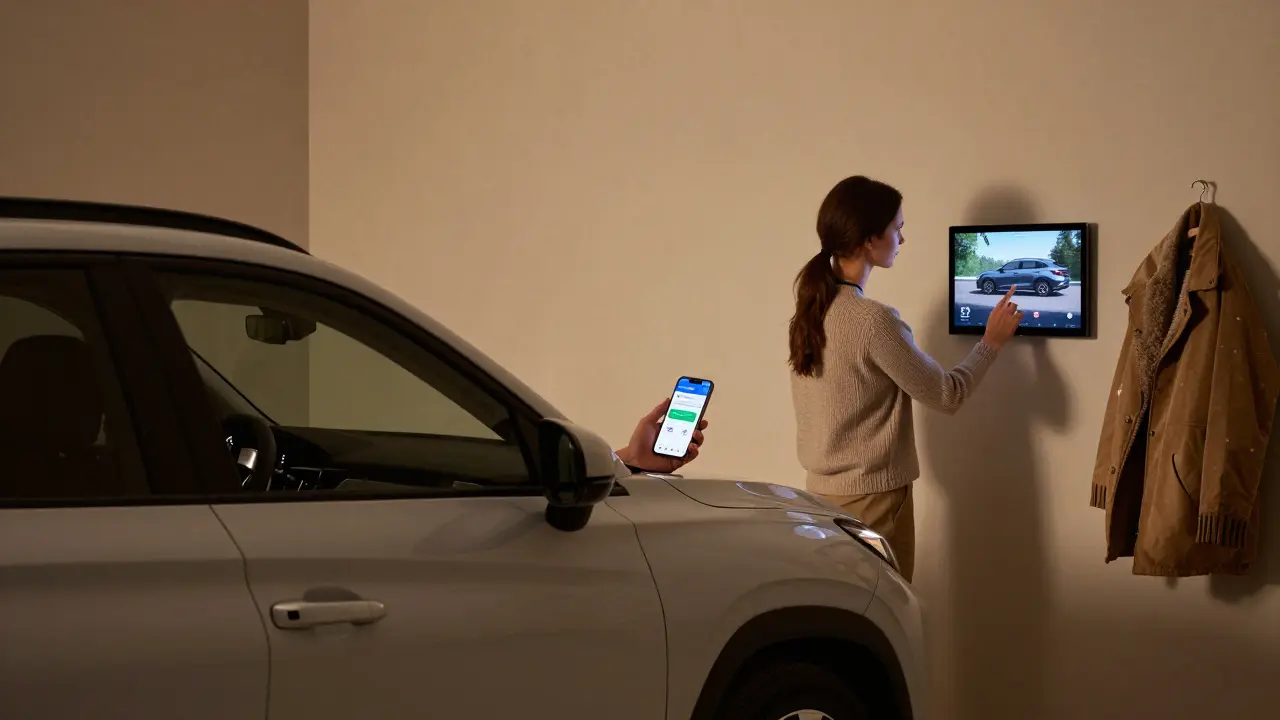 Rodina sleduje polohu auta pomocí aplikace Bluelink v domácím prostředí.