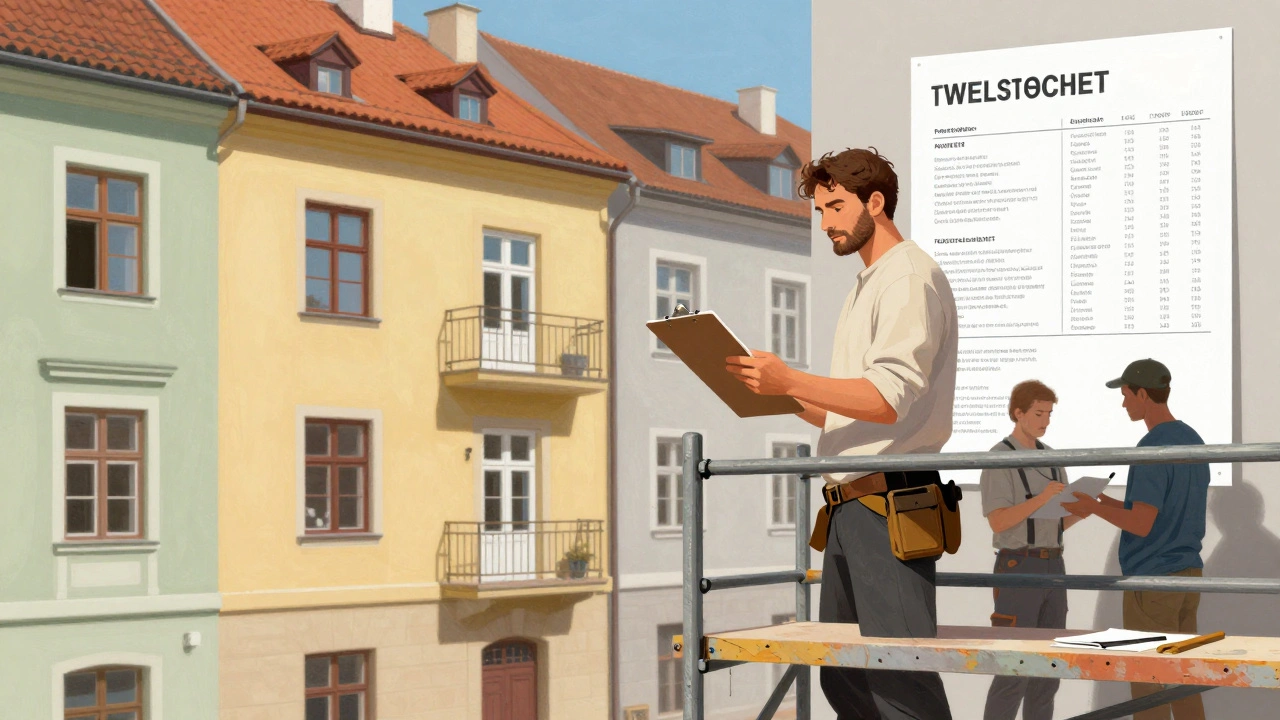 Samostatný malíř dohlíží na tým na lešení při nátěru bytového domu v českém městě.