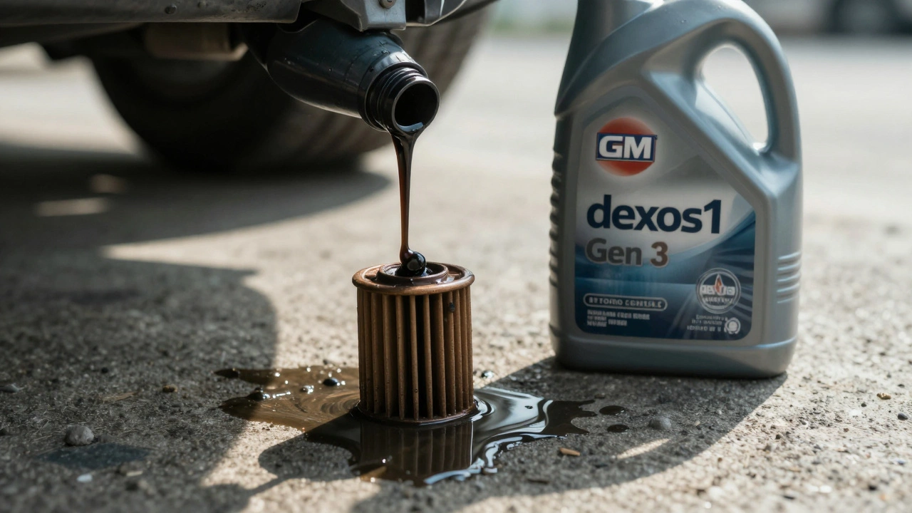 Starý černý motorový olej kapá z filtru na beton, vedle něj nový olej.