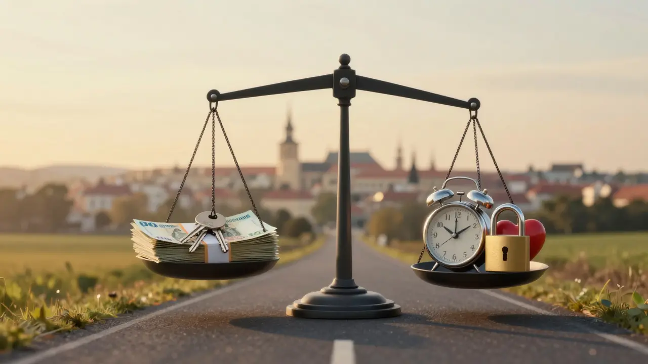 Symbolická váha ukazující volnost a klid po koupi auta v hotovosti.