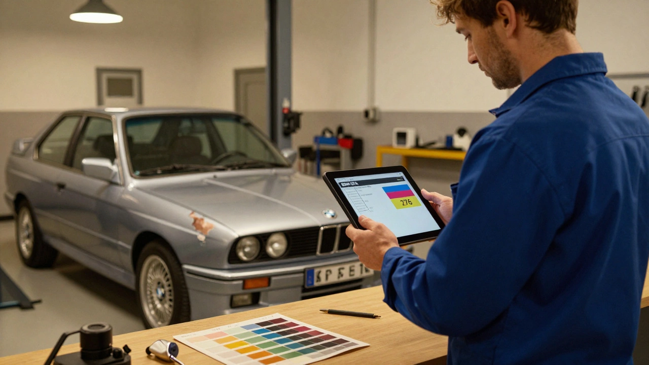 Technik v servisu BMW s tabletovým displejem zobrazujícím kód barvy