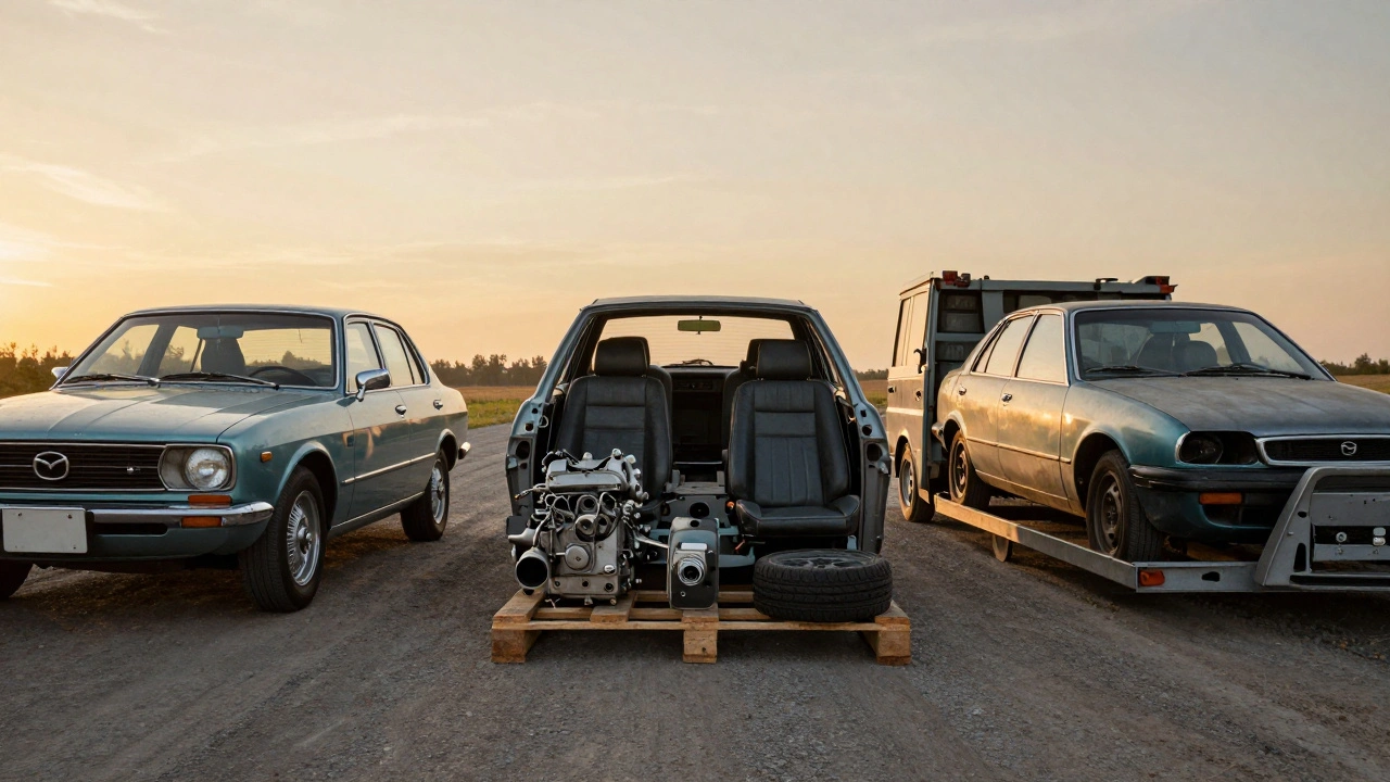 Tři cesty staré Mazdy: klasik, díly nebo šrot — symbolický obraz s nastupujícím sluncem.