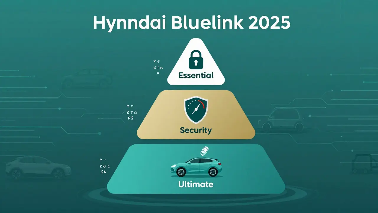 Tři úrovně předplatného Bluelink s ikonami bezpečnosti a digitálního klíče.