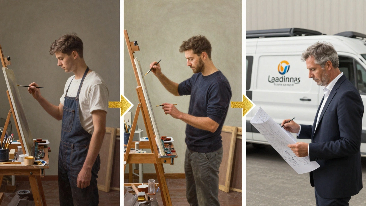 Vizualizace kariéry malíře: od začátečníka přes odborníka až po vlastníka firmy.