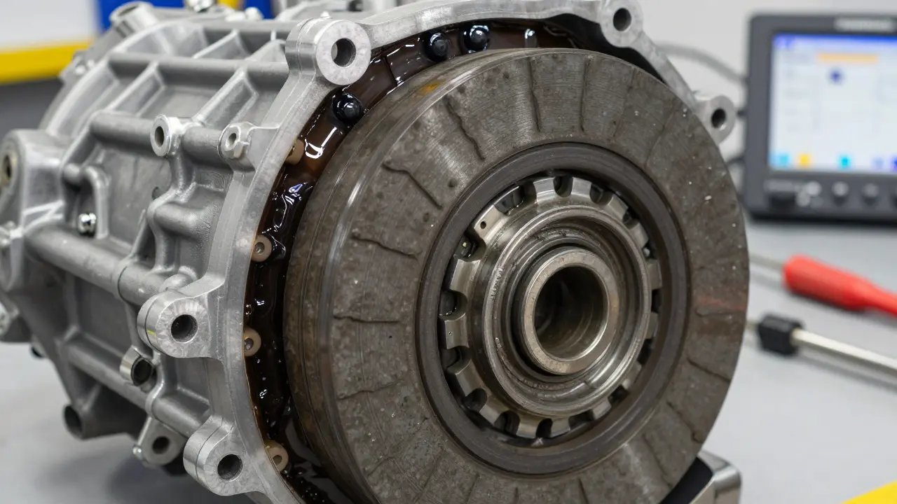 Vnitřní části převodovky Renault EDC s opotřebovanými spojkami a špinavým olejem.