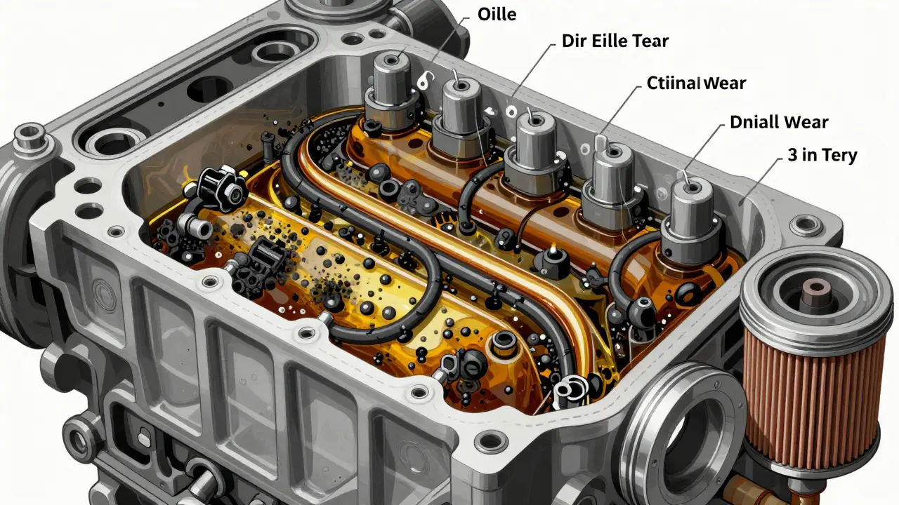 Vnitřní řez motoru s černými nečistotami v oleji a čistým olejem v kontrastu.