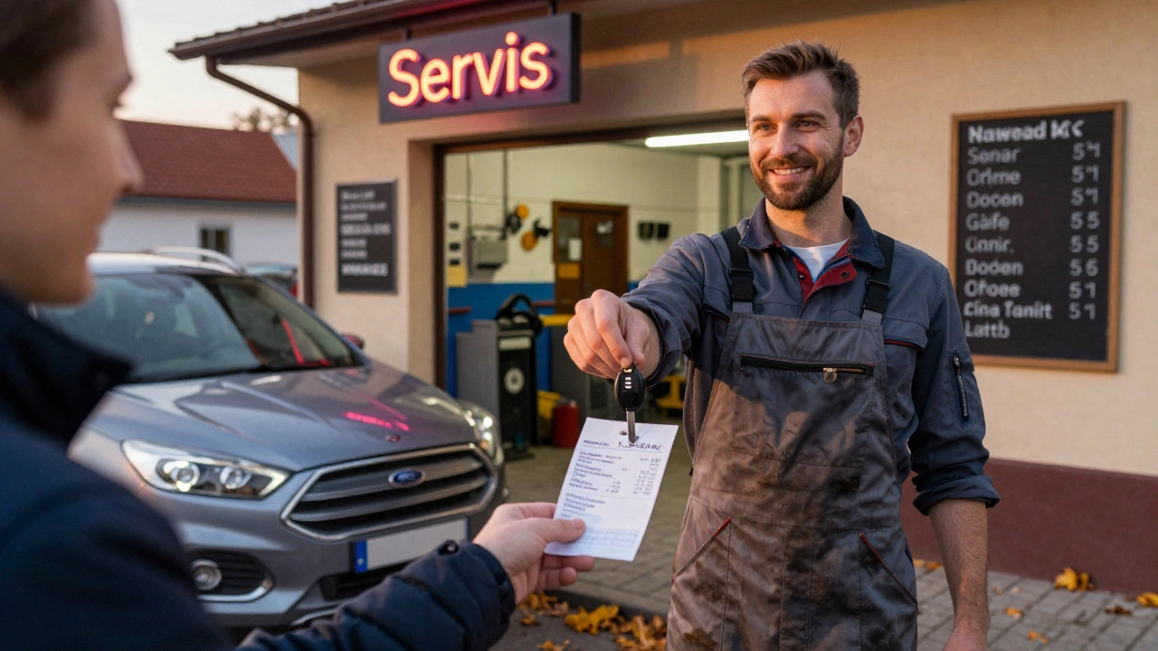 Zákazník přebírá auto po výměně oleje v nezávislém servisu v Brně s cenou 1 350 Kč.