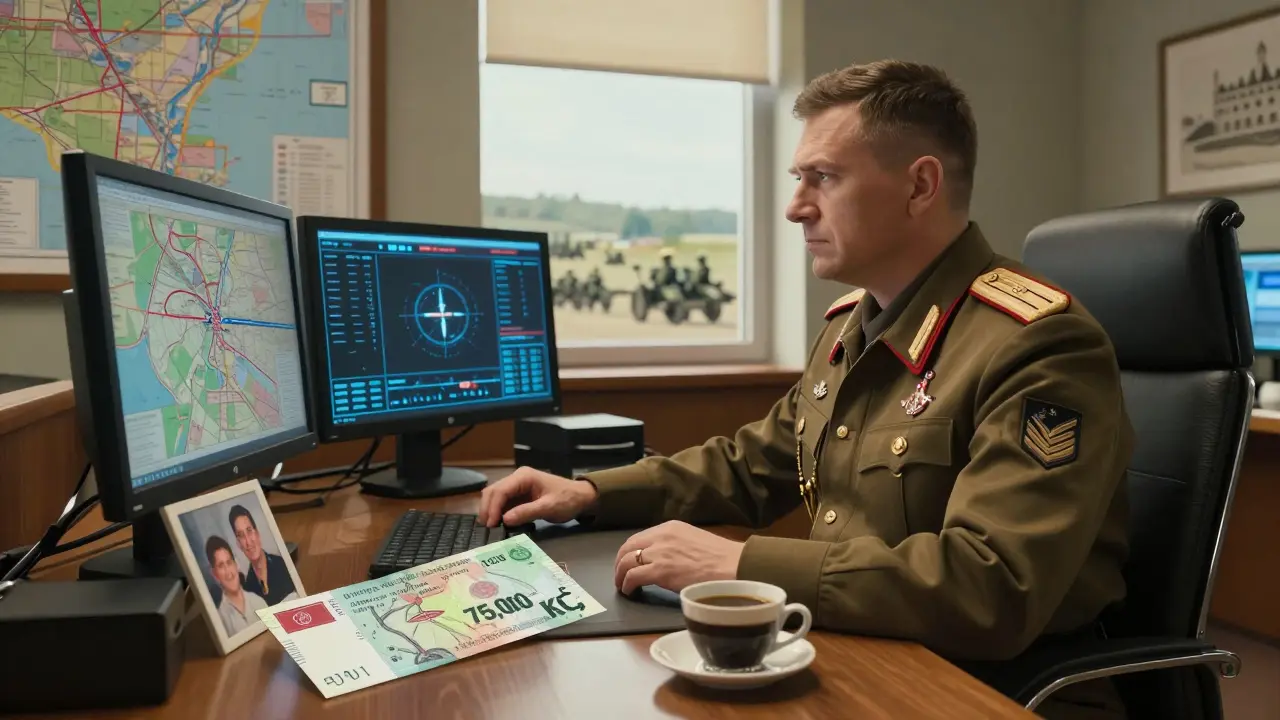 Český major v velitelském pokoji s platem 75 000 Kč a rodinnou fotografií na stole.
