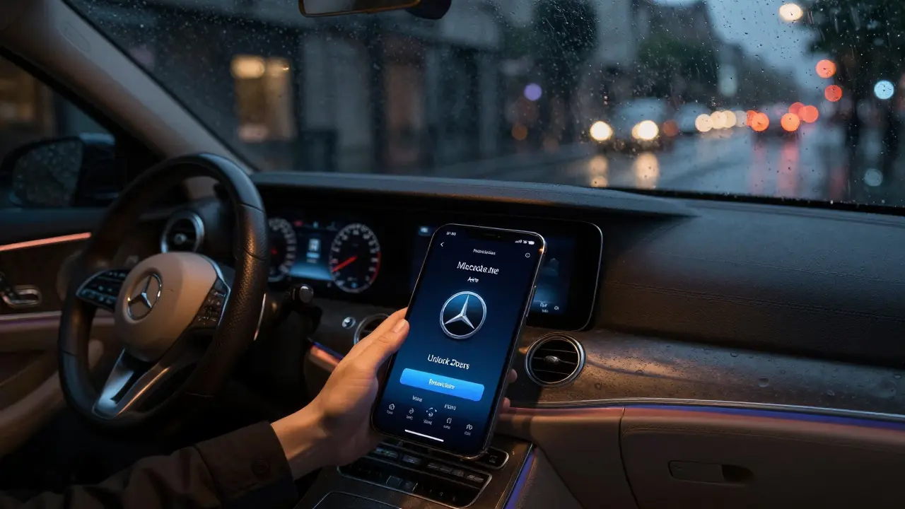 Chytrý telefon otevírá Mercedes přes aplikaci Mercedes me v nočním prostředí.