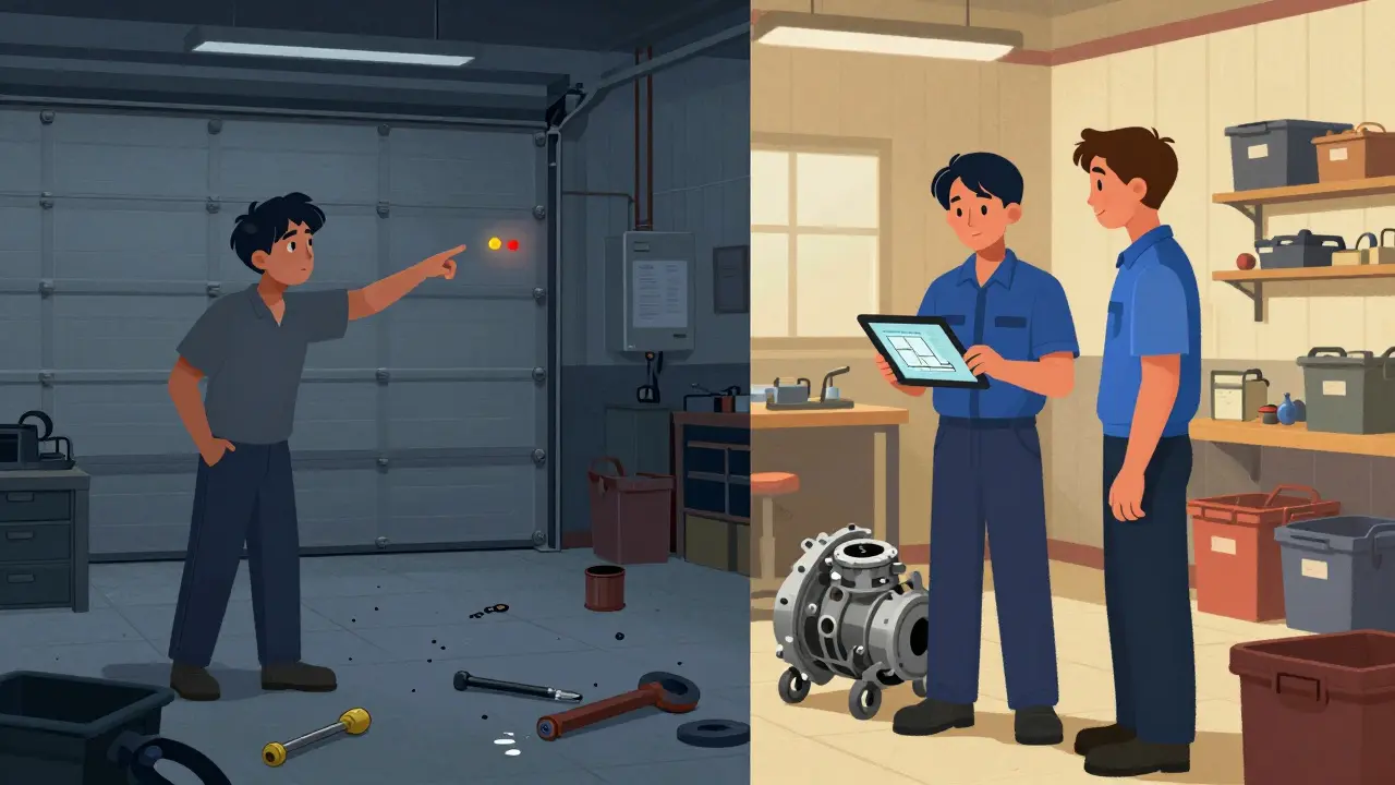 Dvě části obrázku: chaotická dílna vlevo a řádná Fordovská dílna vpravo s mechanikem vysvětluje problém zákazníkovi.