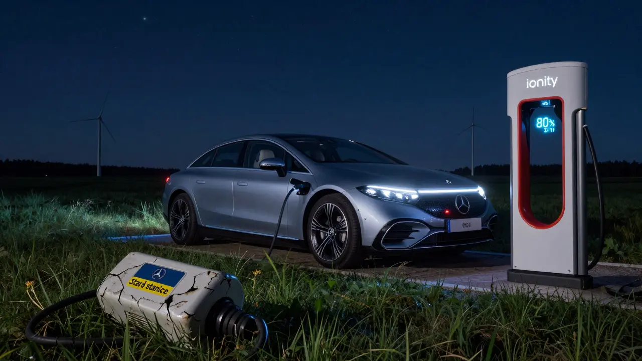 Elektrický Mercedes EQS nabíjený na moderní stanici v noci s viditelným ukazatelem nabíjení.