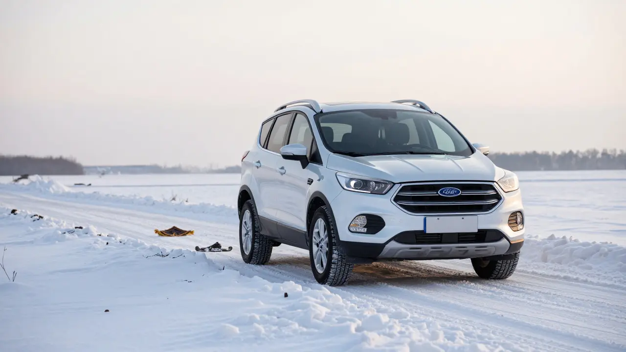 Ford Kuga pomalu vyjíždí ze sněhu, za ním viditelné zbytky podložek a stopy koulí.