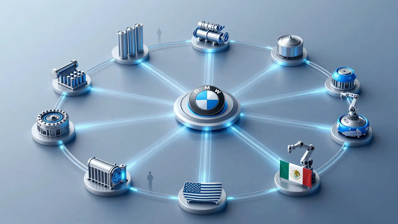 Global supply chain map showing BMW production nodes across continents.