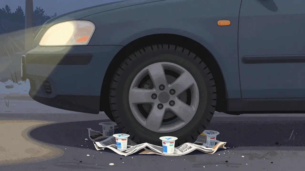 Kola auta na podložce z novin a plastových obalů s štěrkem pro zlepšení držení.