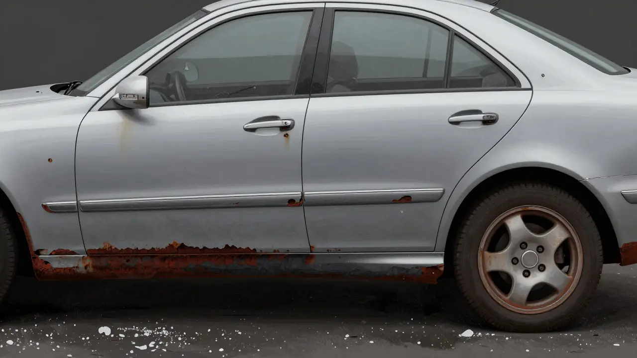 Koroze na spodních částech dveří a křídel ojetého Mercedesu W211 s viditelným poškozením kovu.