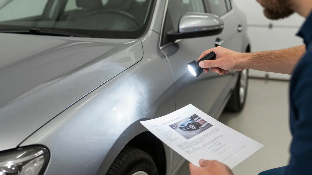 Kupující prohlíží škrábaninu na autě, zatímco prodávající mu podává fotografii a doklad o opravě.