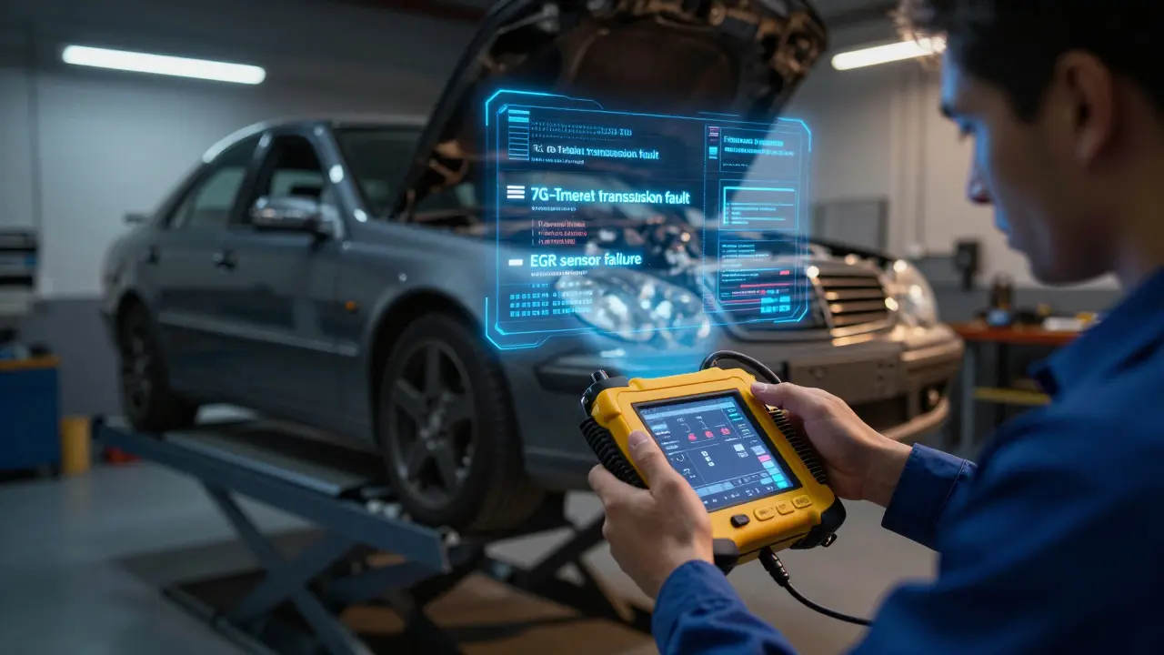 Mechanik používá diagnostický přístroj SDS k čtení chyb na ojetém Mercedesu s holografickými chybovými kódy.