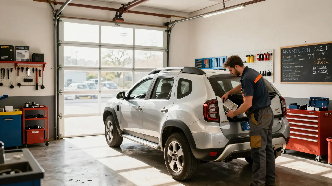 Mechanik v nezávislém servisu vyměňuje vzduchový filtr u staršího Renaultu Duster.