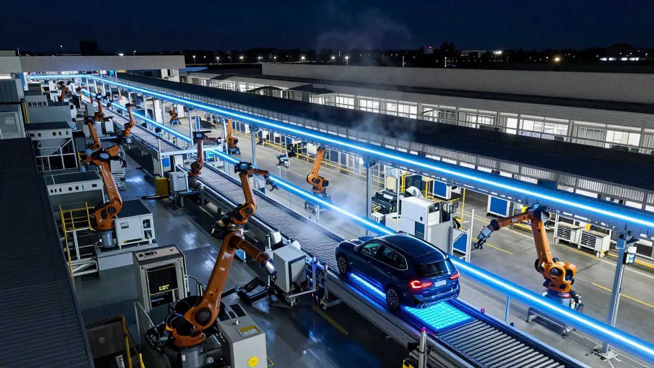 Nighttime view of Leipzig plant with automated production lines and electric vehicles.