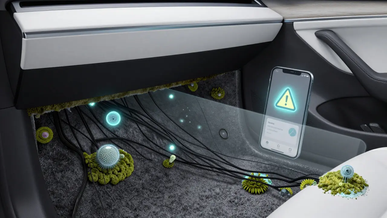 Přehledový náčrt plísně pod kobercem Tesly s kontrastem čistého interiéru.