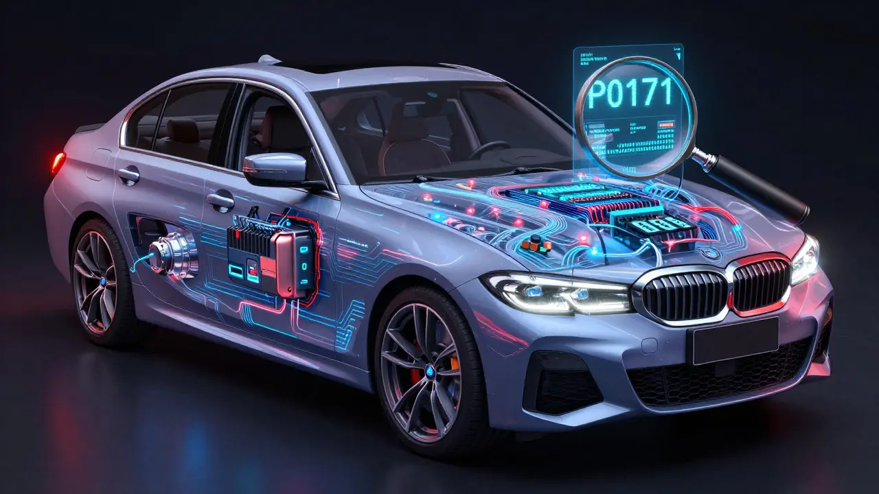 Průhledné BMW G20 s viditelnými elektronickými systémy a světelnými datovými toky.