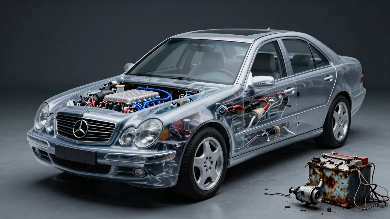 Průhledný Mercedes s porovnáním správné údržby a zanedbání vnitřních systémů.