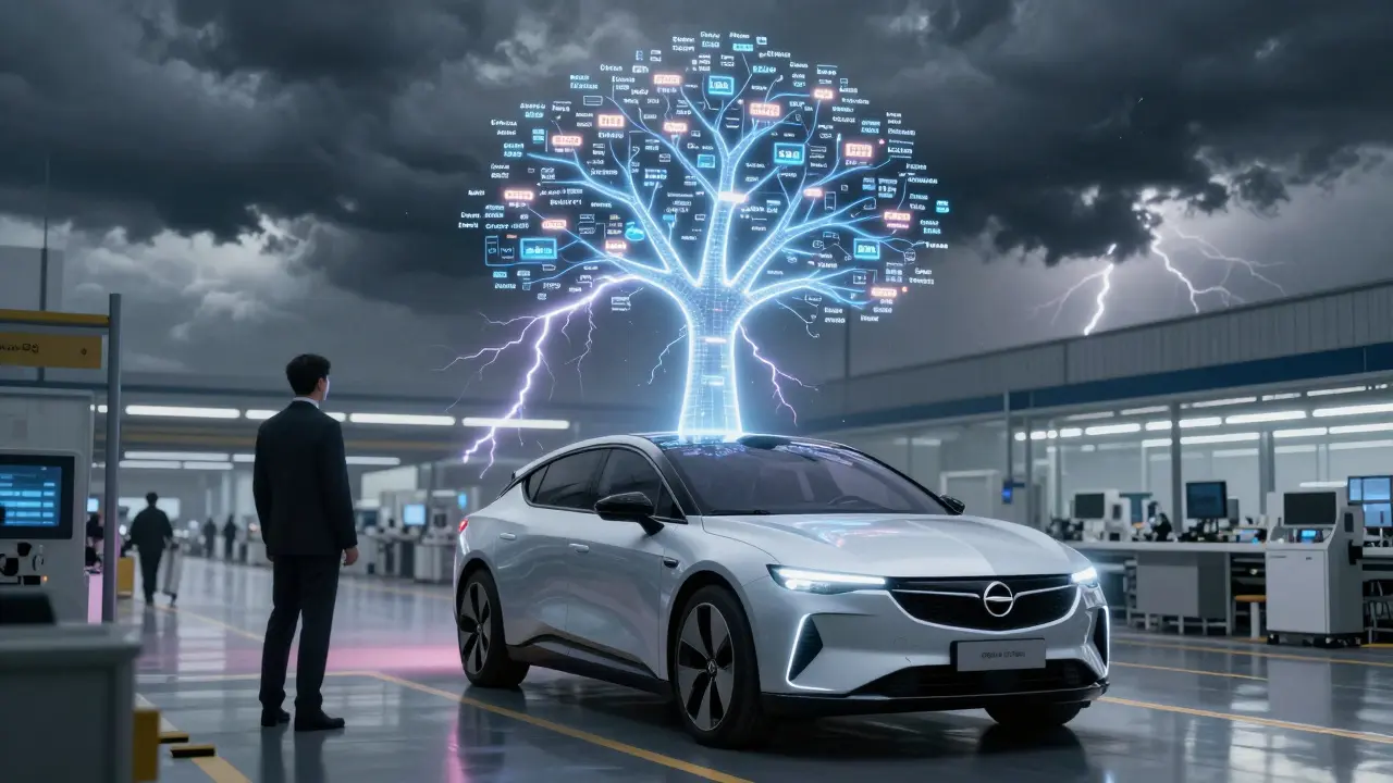 První elektromobil Opelu vychází z továrny pod bleskem, symbolizující přechod k e-mobilitě.