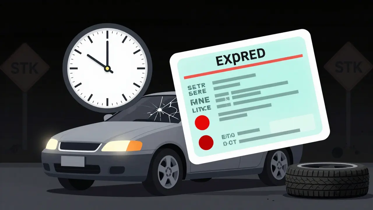 Řidičský průkaz s třemi červenými body nad autem s opotřebovanými pneumatikami.