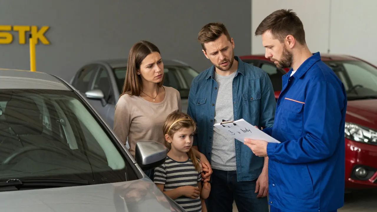 Rodina u technické kontroly, technik ukazuje na dokument s 3 body.