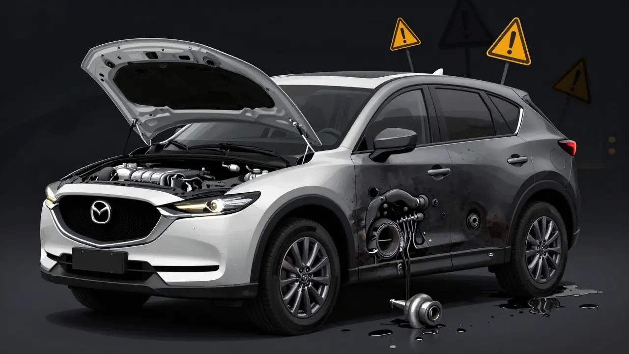 Rozdělený pohled na dieselovou Mazda CX-5: čistá strana vs. poškozená, symbolizující rizika po 90 000 km.