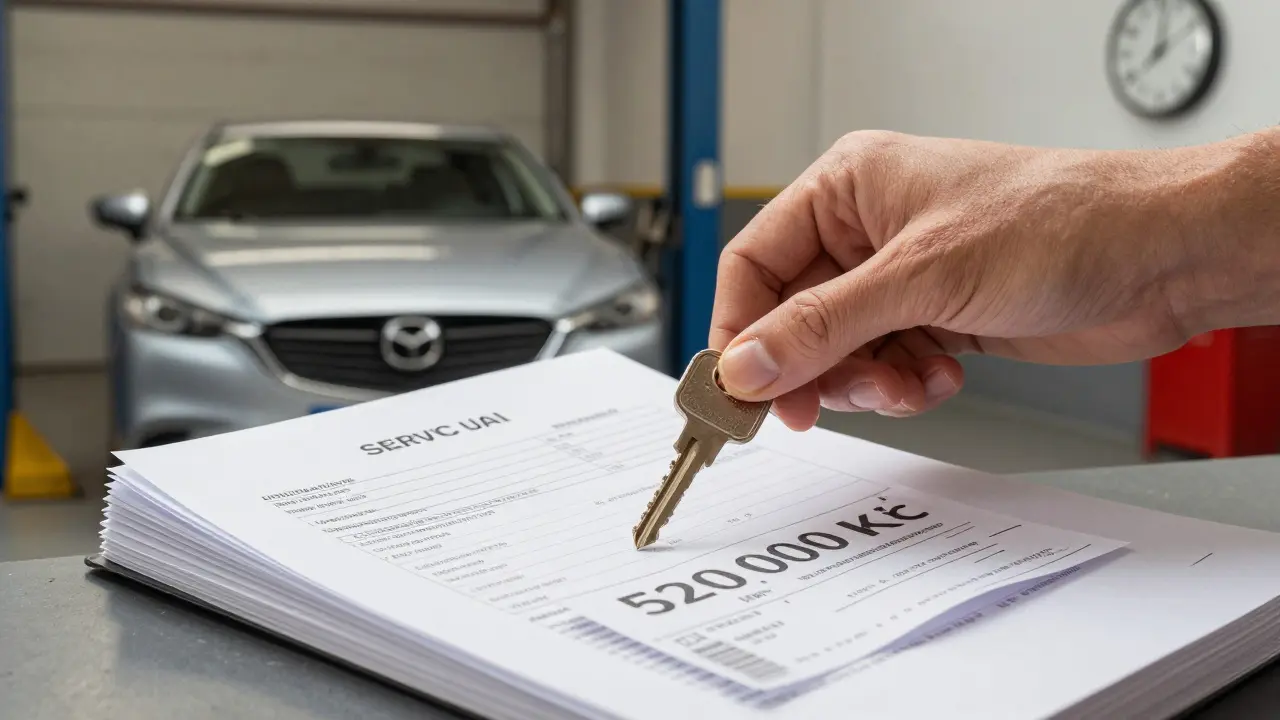 Ruka klade klíč na servisní doklady s cenou 520 000 Kč, za nimi Mazda6 s 100 000 km.