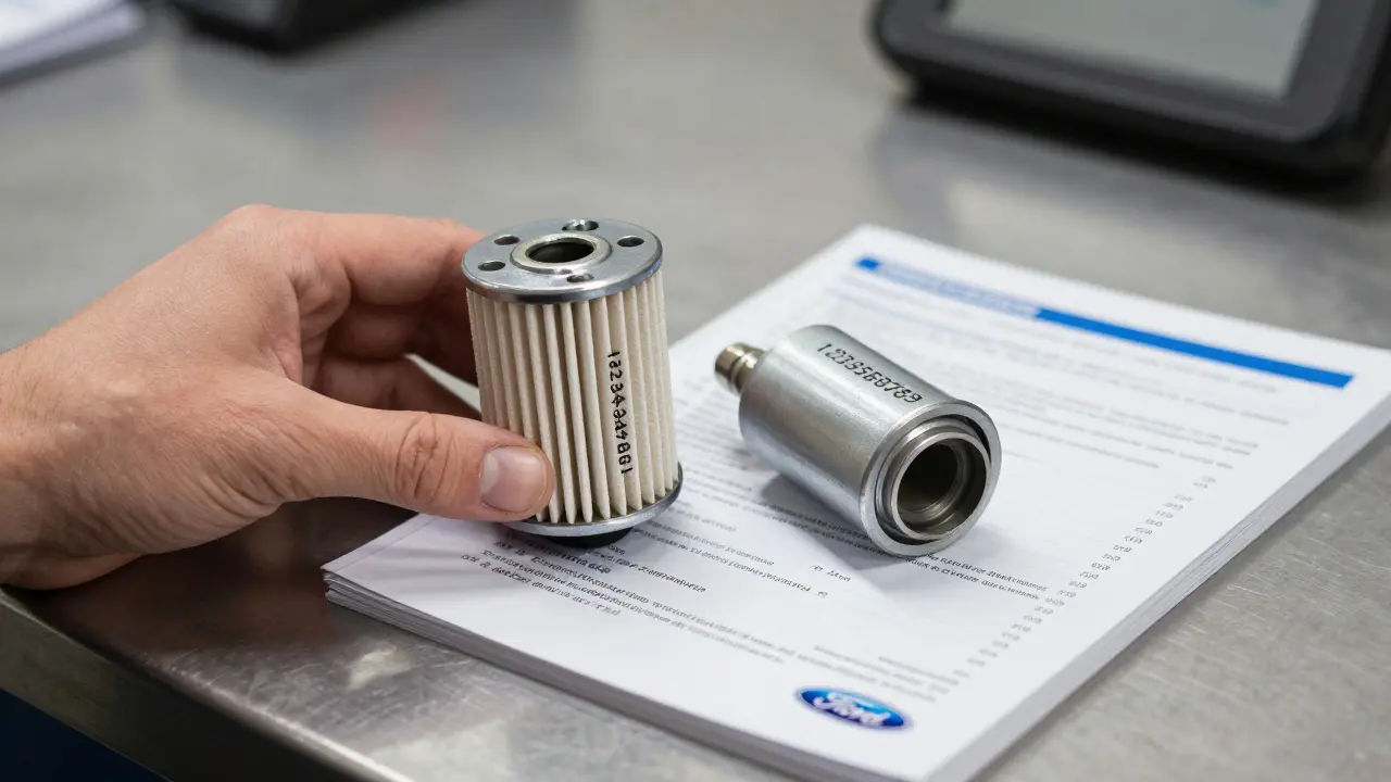 Rukou držený originální Fordův palivový filtr vedle neoriginálního dílu na pracovním stole s servisní příručkou.