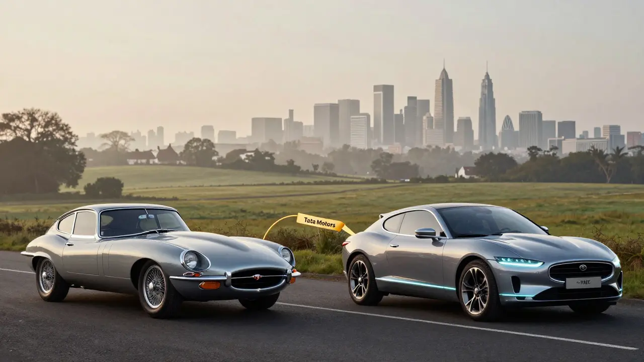 Split illustration showing classic Jaguar E-Type and modern I-PACE connected by Tata Motors thread from India to UK.