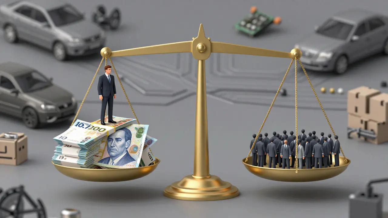 Symbolická váha: vysoký plat ředitele proti tisícům pracovníků v automobilce.