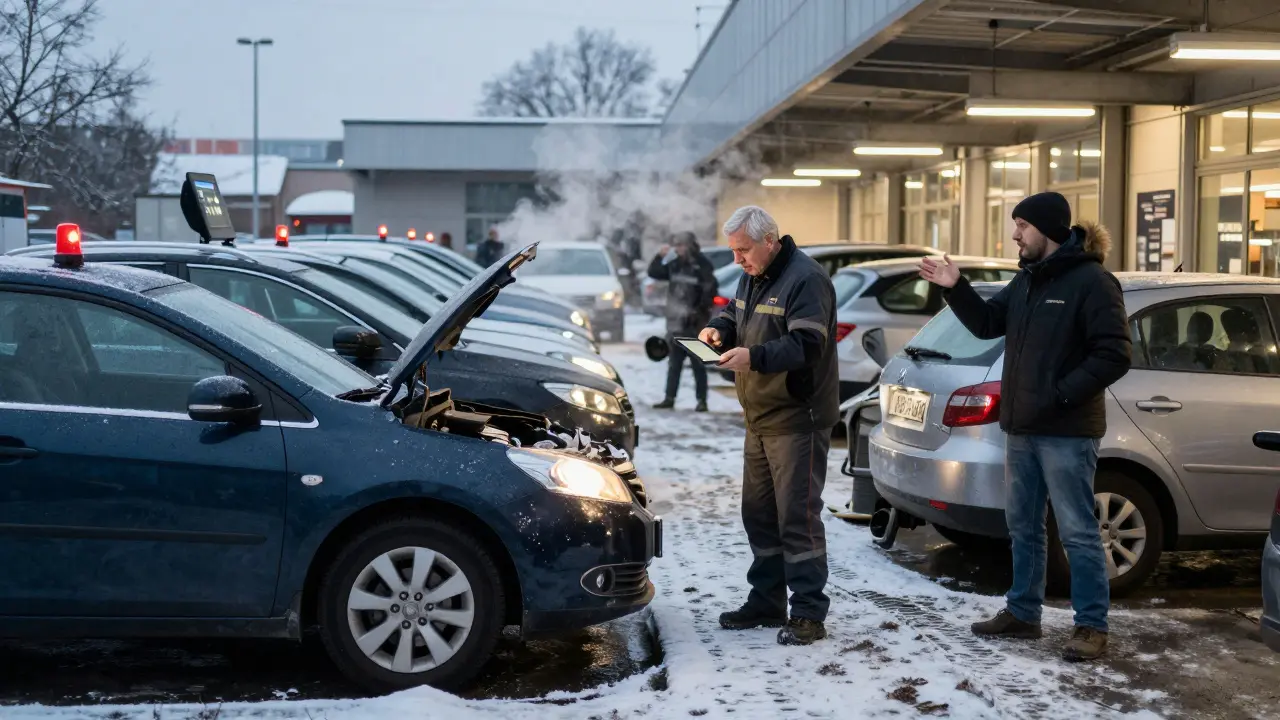 Technik STK v Praze v únoru kontroluje řadu aut před stanicí se sněhem.